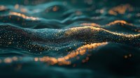 Glowing golden particles flow on dark turquoise waves creating magical abstract background with bokeh effect and shimmering light for luxury designs.