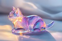 Iridescent glass cat figurine with holographic rainbow effect on blurred background, glowing with pink and purple hues in soft natural lighting.
