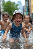 Joyful children playing in summer rain puddles, splashing water and laughing. Young girl in blue swimsuit and cap leads the fun while friends follow behind.