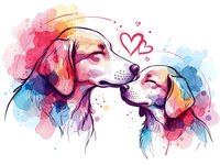 Two adorable dogs touching noses with floating hearts in vibrant watercolor splash art style on white background for romantic pet lover designs.