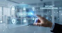 Businessman touching contact us button on digital interface with security icons and secure communication technology in modern office environment.