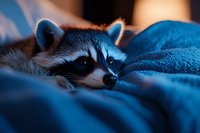 Curious raccoon peeking through soft blue blankets in warm evening light, creating cozy atmosphere with selective focus on expressive face and glowing eyes.