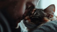 Intimate moment between person and calico cat touching foreheads, showing bond and affection in soft, moody lighting. Perfect for pet care or animal companionship themes.