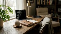 Wooden desk workspace with open laptop, notebook, and coffee cup near window with natural light, comfortable chair, and home office interior design.