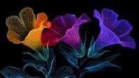Luminous glowing flowers in vibrant orange, purple and blue colors against black background create magical botanical art piece with ethereal translucent petals and leaves.