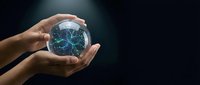Hands holding a glowing crystal ball with electric plasma lightning inside on dark background, symbolizing energy, mystery, and future prediction.