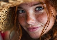 Young redhead woman with freckles wearing straw hat smiling at camera in natural sunlight for summer lifestyle and beauty concepts.