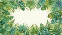 Tropical foliage frame with lush green leaves and palm fronds surrounding a blank cream center space, ideal for text overlay, invitations, and design layouts.