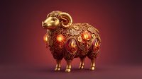 Golden ornate ram sculpture with intricate filigree patterns and glowing red lanterns for Chinese New Year celebrations and festive decorations.