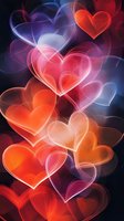 Glowing hearts in red, pink and purple float on dark background creating romantic atmosphere. Abstract love symbols with luminous edges and transparent overlapping effects.