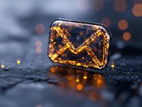 Glowing golden email envelope icon on dark background with bokeh lights and water drops, modern communication concept for digital marketing designs.