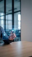 Professional man in business attire interacting with holographic interface displaying career path, skill development, and learning modules for human resources and professional growth applications.