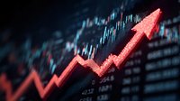 Red glowing stock market arrow trending upward on digital screen with financial data and trading charts, symbolizing market growth and investment success.