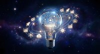 Light bulb with circuit board brain surrounded by floating business icons against cosmic space background representing innovation and creative thinking.