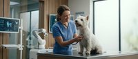 Female veterinarian in blue scrubs examining white terrier dog at clinic table during professional pet health checkup and care appointment.