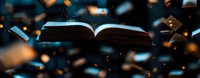 Open book floating in dark space surrounded by glowing particles and bokeh lights creating magical atmosphere for education and reading concepts.