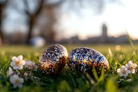 Decorated Easter eggs with intricate blue and gold patterns lying in fresh spring grass with white cherry blossoms and sunset bokeh background creating festive holiday mood.