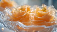 Fresh sliced salmon sashimi served in crystal glass bowl with delicate texture and vibrant orange color, close-up view showing raw fish details.