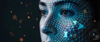 Futuristic digital face with glowing blue wireframe mesh overlay representing artificial intelligence, machine learning and facial recognition technology.