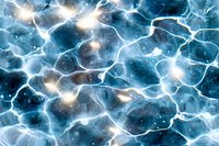 Glowing neural network visualization in blue tones with bright synaptic connections and electrical impulses against dark cosmic background creates futuristic science concept.