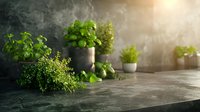 Fresh aromatic herbs and lime fruits on dark concrete countertop with dramatic lighting and copy space, culinary background for food preparation.