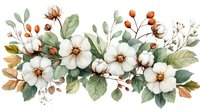 Watercolor cotton flowers arrangement with eucalyptus leaves, white blooms and orange berries in soft natural palette. Botanical border composition.