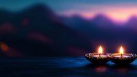 Glowing oil lamps against blurred mountain silhouette at dusk, creating peaceful ambiance for meditation, spirituality, or holiday celebrations.