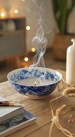 Burning candle in oriental blue and white porcelain bowl creates cozy atmosphere with rising smoke, bokeh lights, and dried wheat stems on wooden table.