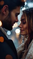 Romantic couple in winter evening with snowflakes and bokeh lights, close-up portrait of young bearded man and blonde woman with closed eyes sharing intimate moment.