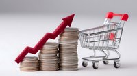 Rising stacks of silver coins with upward red arrow and shopping cart showing retail price inflation and increasing consumer costs in market economy.