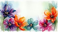 Watercolor floral border with vibrant purple, orange, teal and pink blooms on white background for spring designs and botanical artwork.