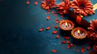 Romantic composition with glowing candles, coral gerbera flowers and scattered petals on dark teal textured background. Moody atmospheric lighting creates intimate ambiance.