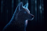 Glowing blue wolf head profile with geometric wireframe effect against dark forest background, digital art style combining nature and technology elements.