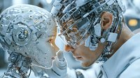 Futuristic robotic and human faces close up with mechanical parts and artificial intelligence components in soft blue technological environment.