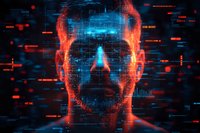 Digital face scan of mature bearded man with glowing red and blue cyberpunk style effects, futuristic interface elements and data visualization overlay on dark background.