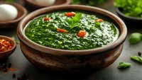 Homemade spinach soup with fresh herbs and red pepper flakes in rustic wooden bowl, healthy vegetarian meal for dinner.