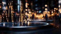 Glowing golden light streaks and bokeh effects over dark turntable vinyl record surface create atmospheric nightclub or party mood with blurred background.