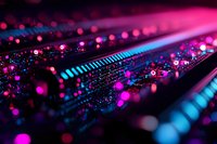 Macro shot of electronic circuit board with neon pink and blue lights creating futuristic bokeh effect, highlighting technology advancement and digital innovation.