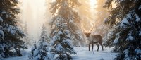 Majestic reindeer standing in snowy winter forest with golden sunlight filtering through snow-covered evergreen trees creating magical woodland atmosphere.