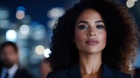 Young woman with dark curly hair and medium brown skin tone, wearing professional makeup, looking confidently at camera with blurred urban nighttime cityscape background, suitable for business, corporate, and professional lifestyle content.