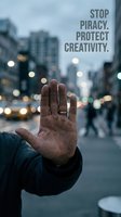 Person raising hand in stop gesture on urban street with text about protecting intellectual property and creativity, suitable for anti-piracy campaigns and copyright awareness materials.