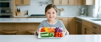 Young girl smiling at kitchen table with colorful fresh vegetables arranged on white plate for healthy eating and nutrition education at home.
