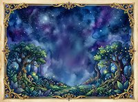 Enchanted forest landscape with glowing trees, magical woodland scenery, and starry night sky. Ornate gold frame border. Fantasy art for book covers, posters, and digital design projects.