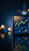 Digital tablet displaying financial trading charts and stock market data with candlestick graphs and analytics dashboard on dark background with bokeh lights.