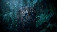 Majestic tiger hiding in dense tropical jungle foliage with dramatic lighting and mysterious atmosphere for wildlife and nature projects.