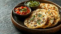 Traditional stuffed flatbread served on wooden plate with spicy red chutney and green herb sauce for authentic cuisine dining experience.