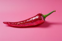 Shiny red chili pepper with glitter coating on pink background, isolated for food, cooking, and design projects.