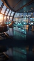 Businessman in formal attire interacting with holographic financial data display showing stock charts and analytics in modern high-rise office with city skyline view at sunset.