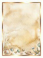 Aged watercolor beach frame with seashells, starfish, and pebbles on textured cream background, isolated on white for stationery, invitations, and coastal design projects.