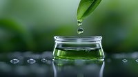 Green tea leaf dripping pure water droplet into glass container against blurred natural background, wellness and natural cosmetics concept.